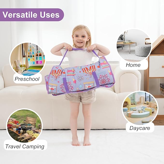 Viviland Toddler Nap Mat, Rolled Sleeping Mats with Pillow and Minky Dot Blanket, Large Thick Kids Girls Slumber Bag/Sleeping Mat for Preschool, Daycare, Kindergarten, Travel Camping