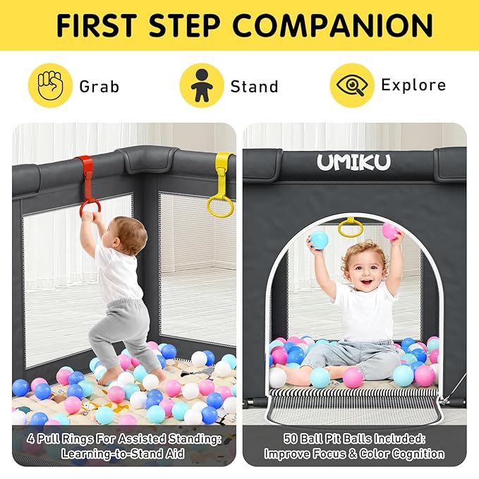 Baby Playpen with Mat, Foldable Playpen for Babies and Toddlers Large Playpens 2 Doors Play Yard Indoor Outdoor Activity Center Game Fence Safety Area Play Pen for Babies 6-12 Months 50"X50" Dark Grey
