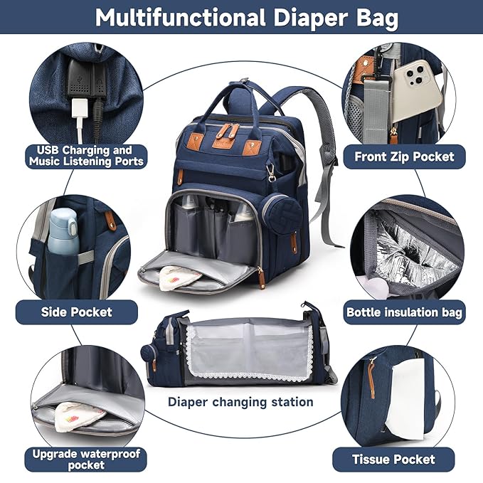 Baby Diaper Bags with Changing Station Multifunctional Waterproof Diaper Bag Backpack Travel Baby Bag with Changing Pad, Pacifier Case,Baby Essentials(Blue)