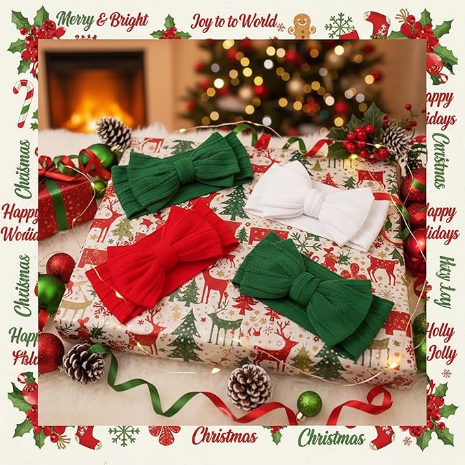 Christmas Baby Girl Bows Newborn Headband Stretchy Double Bows Soft Infant Toddlers (Red&Green&white)