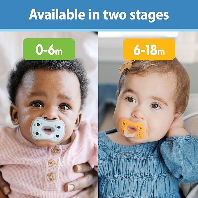 Dr. Brown's Advantage One-Piece Silicone Baby Pacifier, Fully Symmetrical Soother, Blue/Light Blue/Gray, 0-6m, BPA Free, 3 Pack