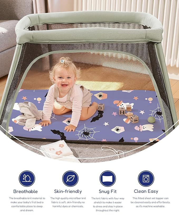 Halloween Mini Crib Sheets Fits Standard Size 39" X 27" Playpen Mattress, Premium Soft Pink Pumpkin Pack and Play Sheets Fitted Neutral, 2-Pack Playard Sheets, Boo, Trick or Treat