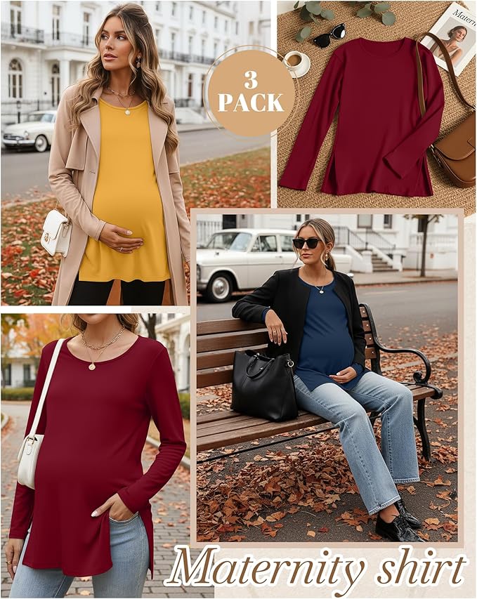 Riyiper 3 Pack Women's Maternity Long Sleeve T-Shirts Round Neck Side Split Tops Loose Casual Pregnancy Mama Clothes Fall