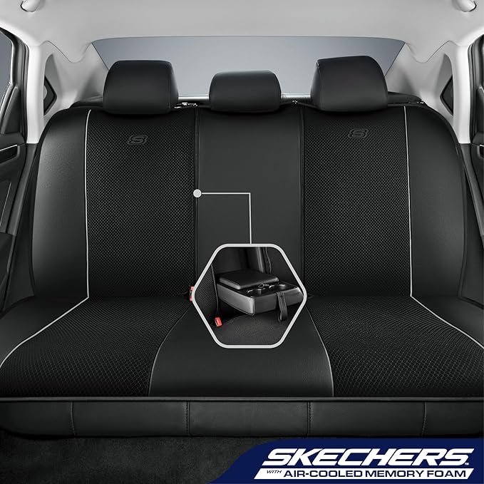 Skechers Air-Cooled Memory Foam Seat Covers,Mesh Thick Car Seat Covers,Piping Leather Car Seat Protector,Airbag Compatible,Automotive Comfort for Most Cars, Vans, Trucks, SUV(Gray,Full Set)