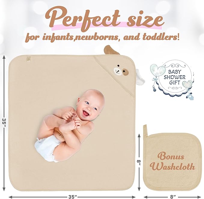 Baby Hooded Towel, Soft & Absorbent Viscose Derived from Bamboo, Extra Large 35 x 35 Inches, Bath Towel for Newborns, Infants & Toddlers, Beige
