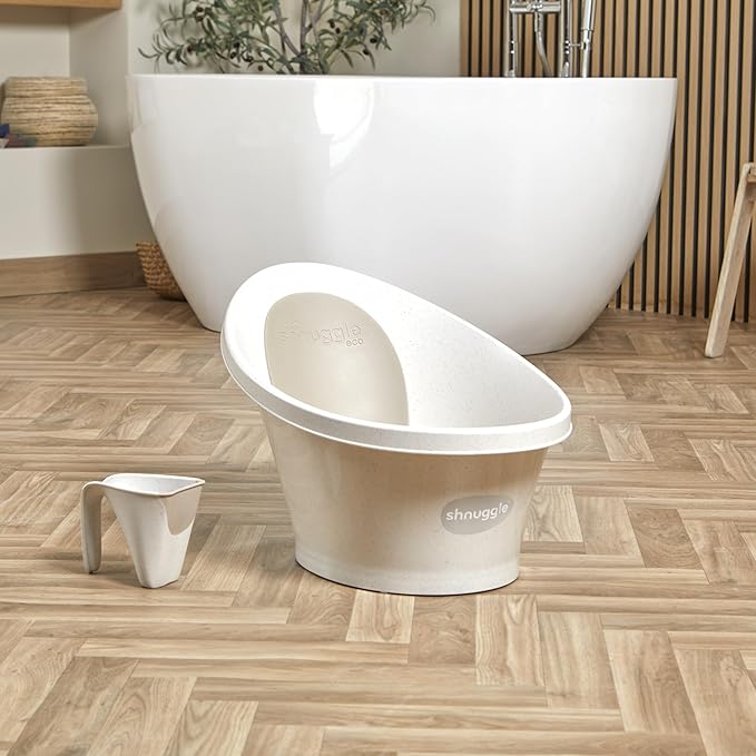 Shnuggle ECO Newborn Baby Bath | Recycled Material with Built-in Support Bump and Soft Backrest | Suitable from Newborn | Includes Water Plug | Cookies and Cream Colour | Beige Taupe Speckled