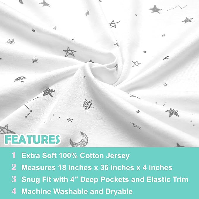 TL Care Printed 100% Natural Cotton Jersey Knit 18 x 36 Cradle/Bassinet Sheet - Fitted, Gray Stars and Moons, Soft Breathable, for Boys and Girls