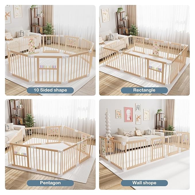 Foldable Wooden Baby Playpen Activity Center,Adjustable Size & Shape Portable Play Yard, Baby Fence Play Area with Gate for Indoor Use for Babies and Toddlers(84x56x24inches)
