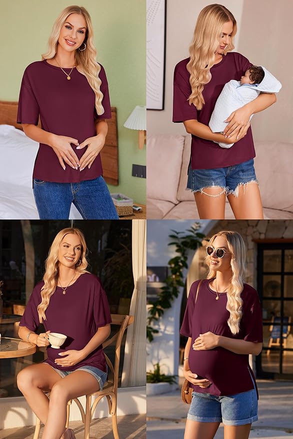 Ekouaer Maternity Shirts 3 Packs Short Sleeve Womens Oversized Pregnancy Tops Split Side Postpartum Blouse Clothes S-XXL