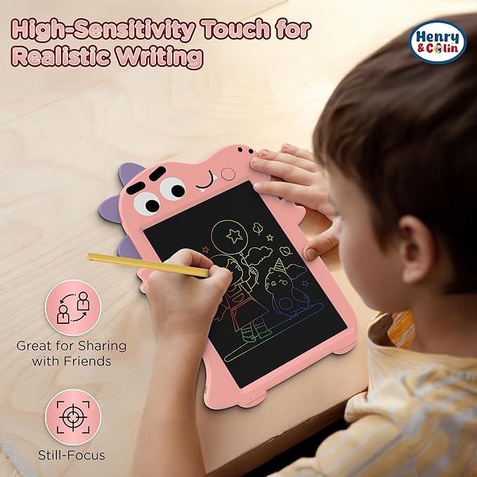 Henry & Colin Dinosaur-Themed LCD Writing Tablet for Kids – Reusable, Travel-Friendly Drawing Pad for Boys & Girls Ages 3 & Up. Perfect for Creativity, Fun, Learning, and Education (Pink)