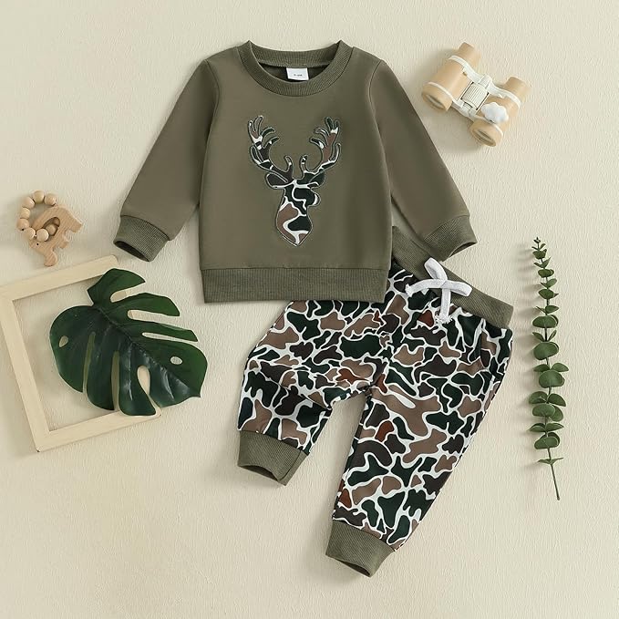 Muineobuka Toddler Baby Boy Hunting Clothes Reindeer Embroidery Sweatshirt and Camouflage Pants Outfits Baby Camo Clothing
