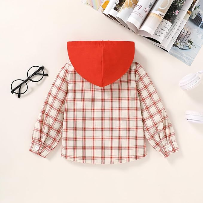 YOUNGER STAR Toddler Kids Boys Girls Flannel Hooded Plaid Shirt Button Baby Red Clothes