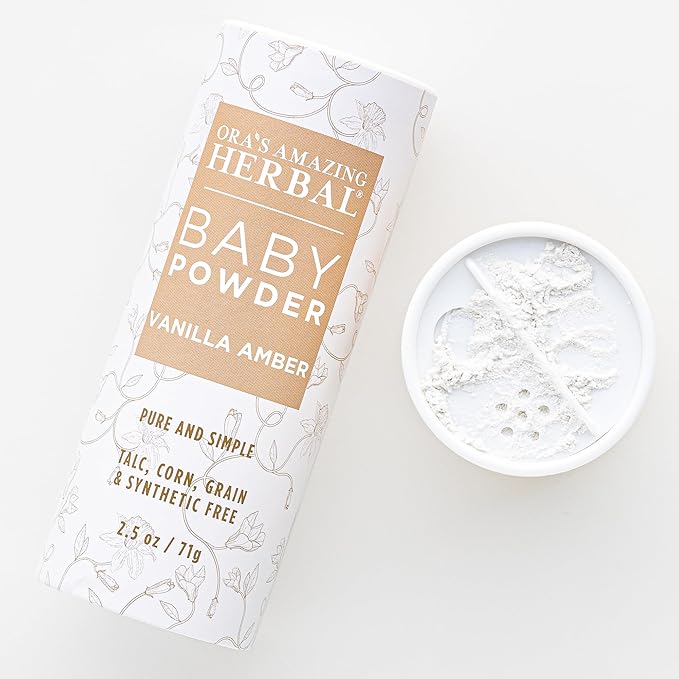 Baby Powder Talc-Free, Real Vanilla Amber Natural Scent, Cornstarch Free Arrowroot and Clay Based Powder, Synthetic Fragrance Free, Ora's Amazing Herbal, 2.5 oz