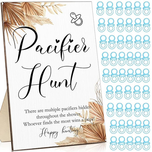 Roowest 51 Pcs Pacifier Hunt Baby Shower Games Include Wooden Hunt Sign and 50 Acrylic Mini Plastic Pacifiers for Baby Shower Game Decoration Gift Sets Gender Reveal Party Supplies