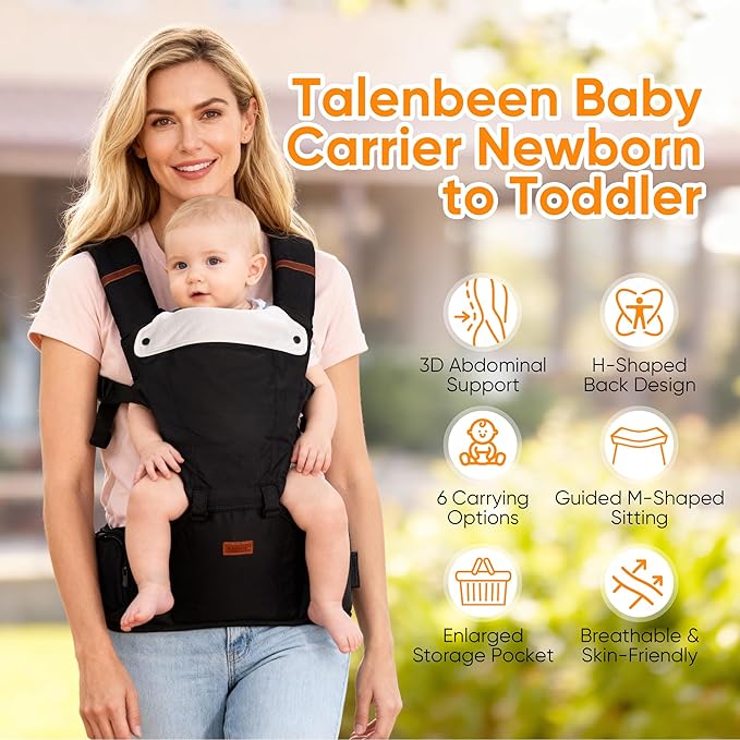 Baby Carrier, 6-in-1 Baby Carrier Newborn to Toddler, Babys Carriers with Hip Seat Lumbar Support 7-45 lbs, Baby Soft Carrier for All Seasons & Positions