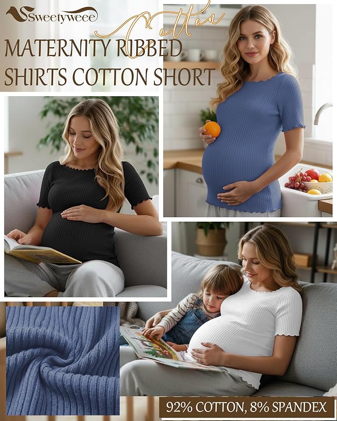 3 Pack Women's Maternity Ribbed Shirts Cotton Short Sleeve Pregnancy Tops Boat Neck Lettuce Trim Mama Clothes