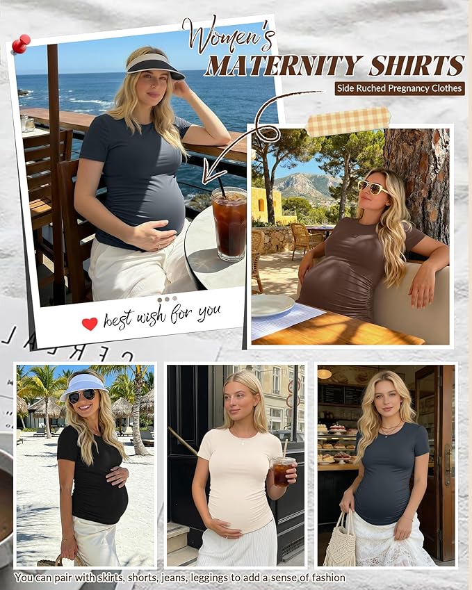 Huukeay 4 Pack Women's Maternity Shirts, Crew Neck Maternity Top Short Sleeve Casual Cotton Tee Side Ruched Pregnancy Clothes