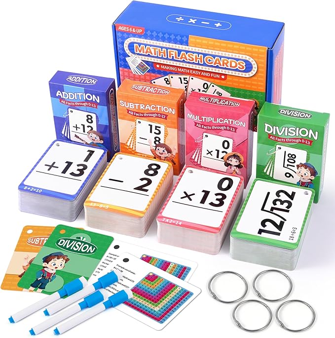 Multi Math Flash Cards, Addition, Subtraction, Multiplication & Division, Write & Wipe with Markers, Self - Checking Flashcards for Kids Grades 1-5 & Homeschool