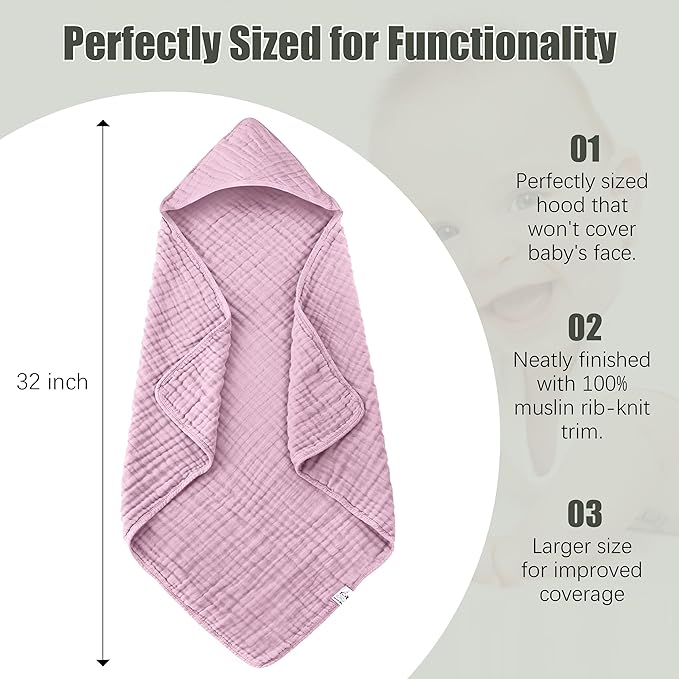 2 Pack Hooded Baby Towels - 100% Muslin Cotton for Newborns, Infants, Toddlers - Large 32x32 Inch Size - Highly Absorbent and Essential for Newborn Care, Light Sakura