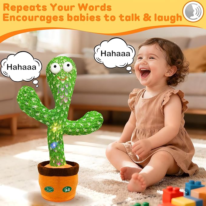 Dancing Talking Cactus Toy Mimics Back, Cactus Baby Toy Singing Mimicking Repeating Recording, Silly Sunny The Cactus Gift Yarn Bag Wrapped with 3xAA Battery (Volume Adjustment)