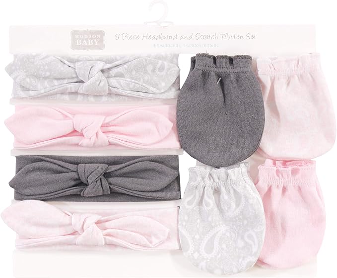 Hudson Baby baby-girls Cotton Headband and Scratch Mitten Set