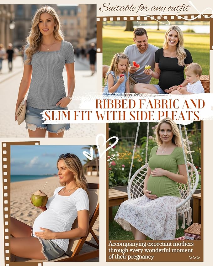 Huukeay 4 Pack Women's Maternity Shirts Cotton Ribbed Short Sleeve Square Neck Pregnancy Tops Side Ruched Summer Tee