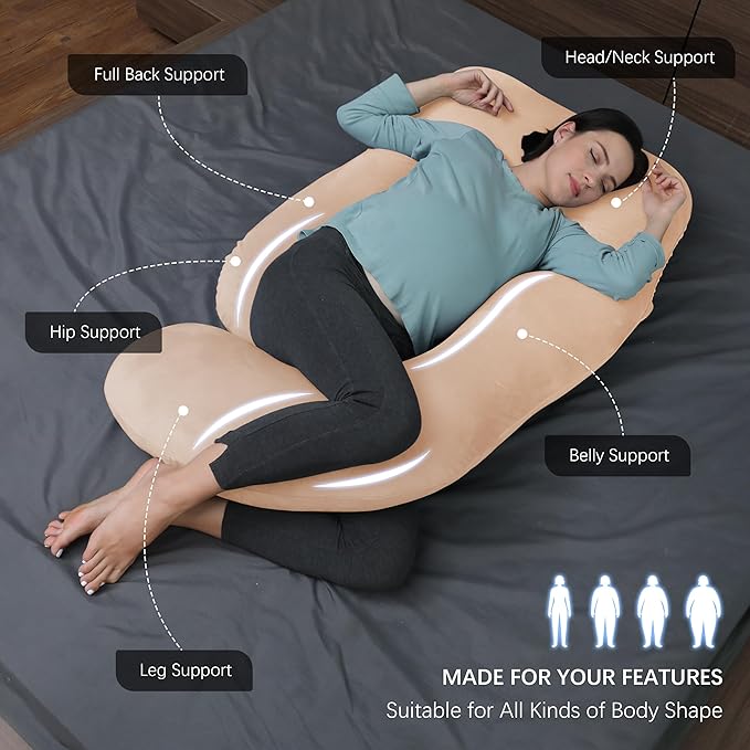 MOON PARK Pregnancy Pillows for Sleeping - U Shaped Full Body Maternity Pillow with Removable Cover - Support for Back, Legs, Belly, Hips - 57 Inch Pregnancy Pillow for Women - Brown
