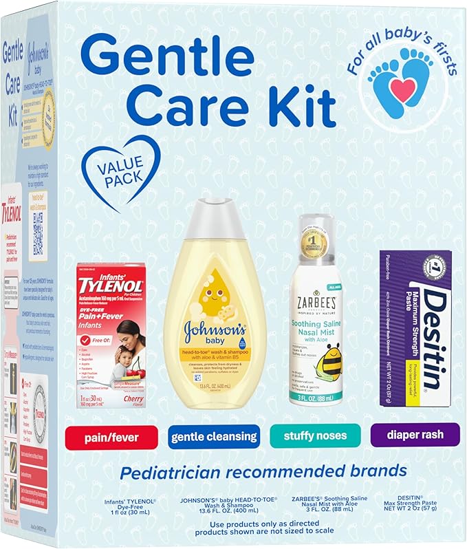 Johnson's Baby Gentle Care Kit with Infants' Tylenol Pain Reliever, Zarbee's Soothing Saline Mist, Desitin Maximum Strength Diaper Rash Ointment & Johnson's Baby Head-To-Toe Wash, 4 Items
