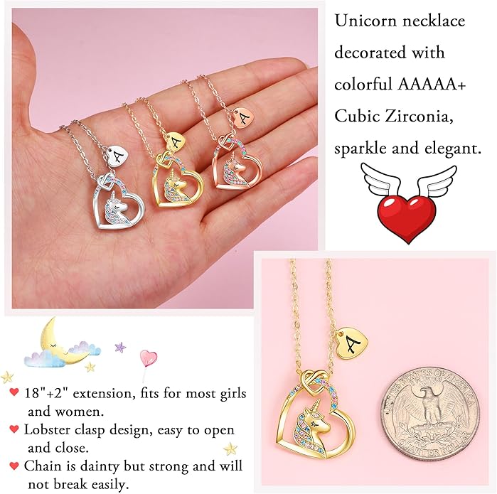Hidepoo Valentines Gifts for Kids Girls - Unicorn Necklace Gifts for Teen Girls Kid, Colorful CZ Heart Pendant Initial Unicorn Necklaces for Girl Jewelry Birthday Gift for Girl Kid