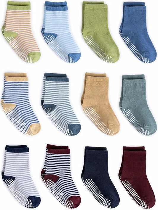 ZAPLES Baby Non Slip Grip Crew Socks with Anti Skid Soles for Infants Toddlers Kids Boys Girls