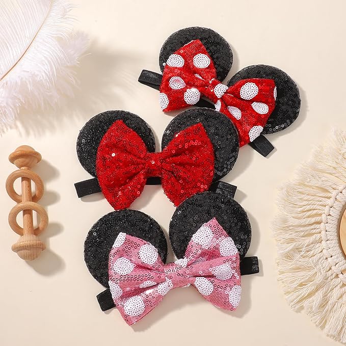 choicbaby 3 PCS Mouse Ears Sequin Bow Nylon Hairband with Polka Dot Cute Baby Headbands Soft Hairbands Hair Accessories for Newborn Infant Toddler Party Supplies