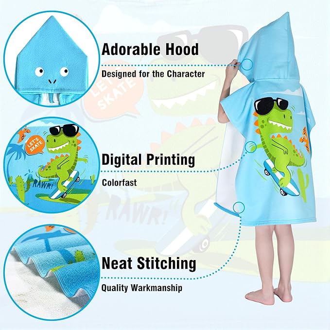 Hooded Kids Beach Towels - Toddler Bath Towel Girls Boys Swim Cover-ups for Ages 1 to 6 Kids Pool Towels Quick Dry Lightweight Soft Microfiber Poncho Towel 24x23(Skating Dino)