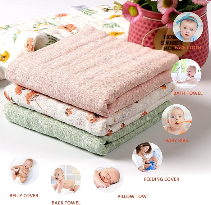 Viviland Baby Muslin Burp Cloths, 100% Cotton Super Absorbent Washcloths for Baby Girl and Boy, 10 x 20 inches 6-Layer Baby Bath Towels, Floral Pattern 4 Pack