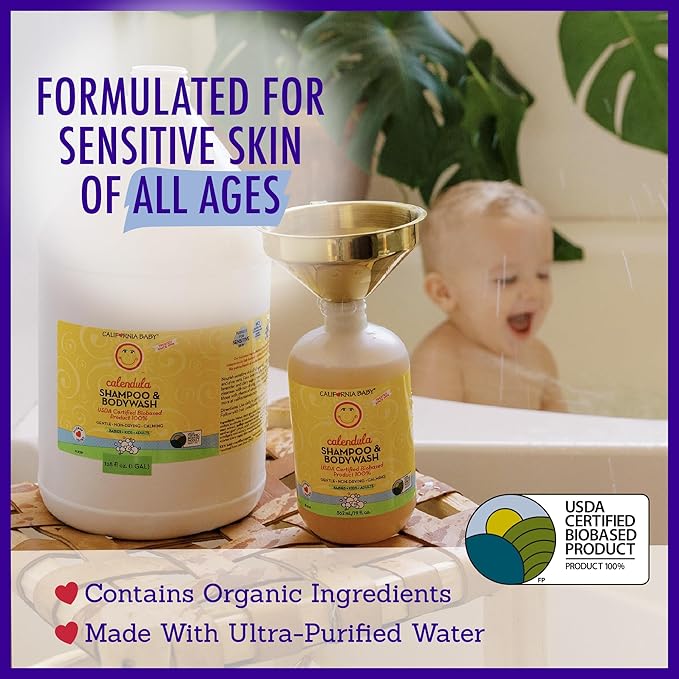 California Baby Calendula Baby Shampoo + Baby Wash | 100% Plant-Based | Soothing Lavender Body Wash Sensitive Skin | Hypoallergenic | 251 mL / 8.5 oz