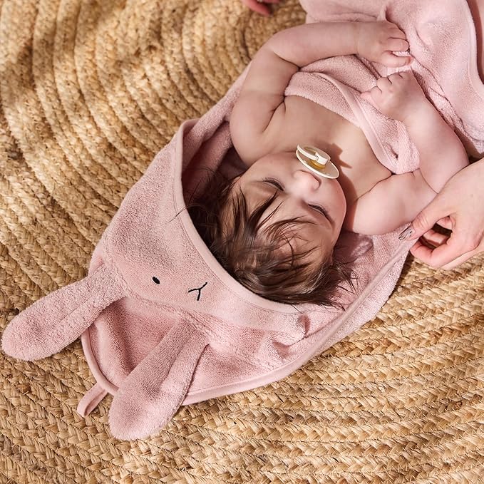 Baby Hooded Towel – Organic Cotton Baby Bath Towels, 32" x 32" Super-Soft and Absorbent Baby Towels for Newborn 2-Pack (Rabbit Blush)