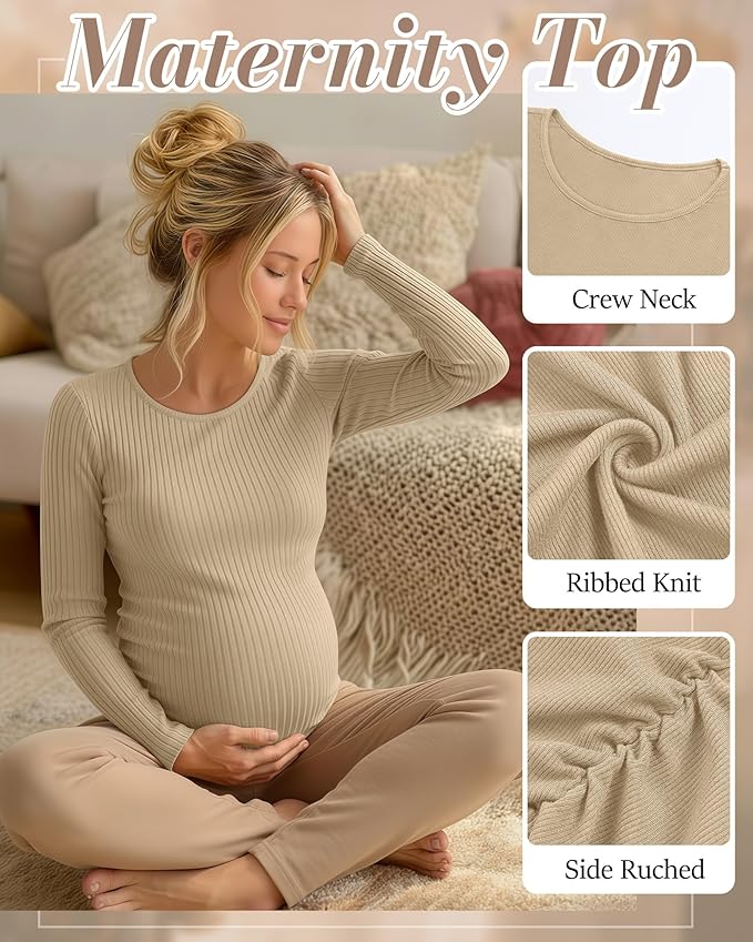 Huukeay 4 Pack Women's Maternity Shirts, Long Sleeve Cotton Ribbed Pregnancy Tops Side Ruched Crew Neck Casual Mama Clothes
