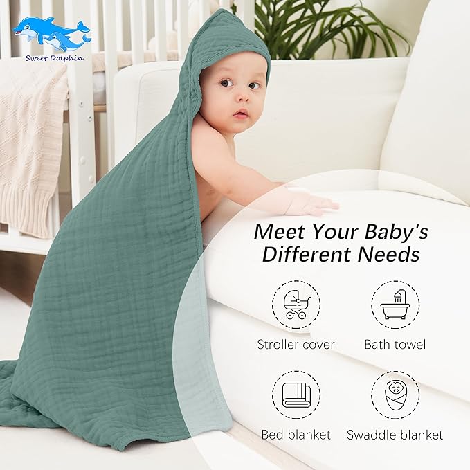 SWEET DOLPHIN Muslin Hooded Baby Bath Towels - 2 Pack 100% Cotton Towel for Babies, Infants, Toddlers - 32x32Inch - Highly Absorbent and Newborn Essential, Deep Emerald