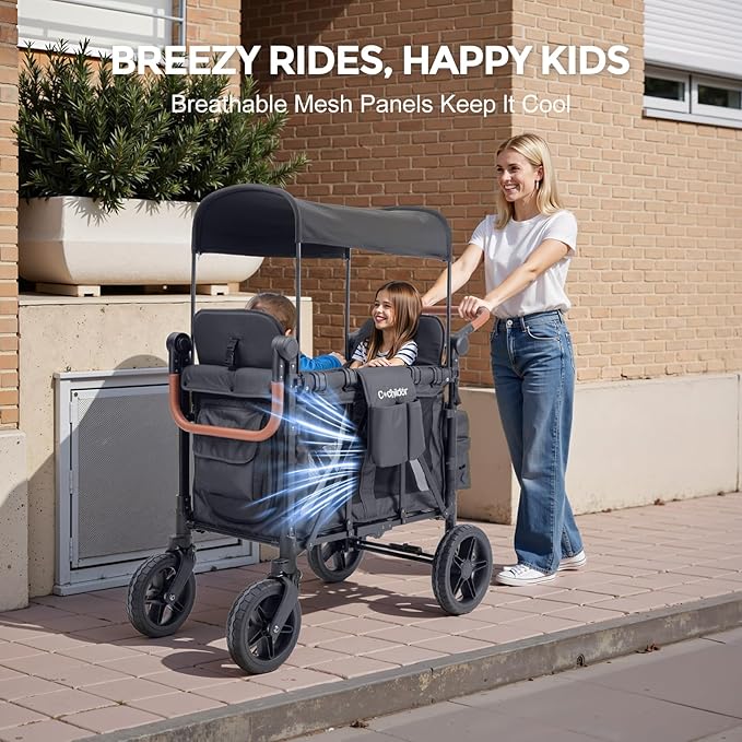 Premium 2 Seater Wagon Stroller for Kids, Foldable All-Terrain Stroller Wagon with Removable Seats, Adjustable 5-Point Safety Harness, Canopy, and Dual Handles, Dark Gray
