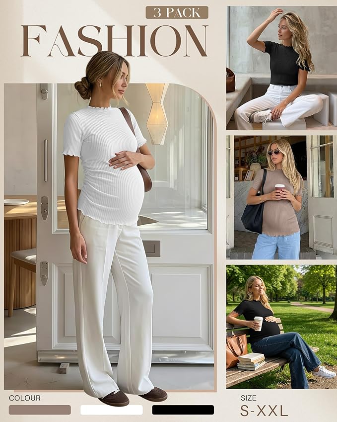 3 Pack Women's Maternity Tops Short Sleeve Ribbed Knit Maternity Shirts Crew Neck Side Ruched Pregnancy Clothes