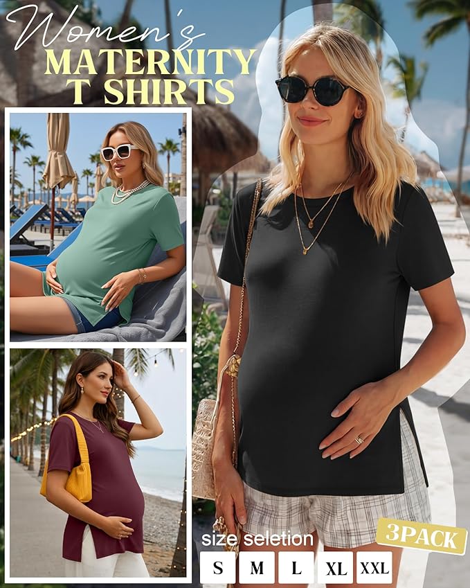 Ficerd 3 Pack Women's Maternity T Shirts, Short Sleeve Side Split Pregnancy Tops Casual Crew Neck Pregnant Tees Mama Clothes