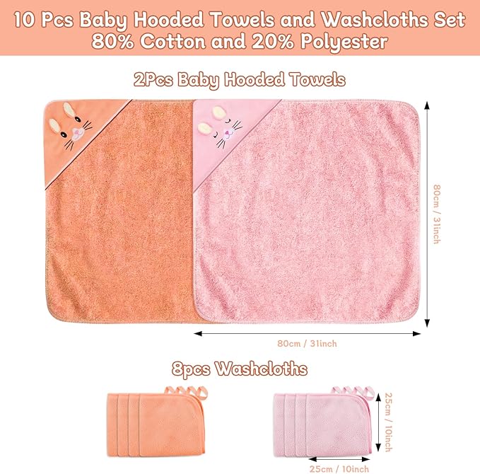 10 PCS Baby Bath Towels, 2 PCS Soft Hooded Towels & 8 PCS Washcloths - Ultra Soft, Super Absorbent, Cute Design for Newborns, Infants & Toddlers - Ideal for Bath, Swimming & Daily Care