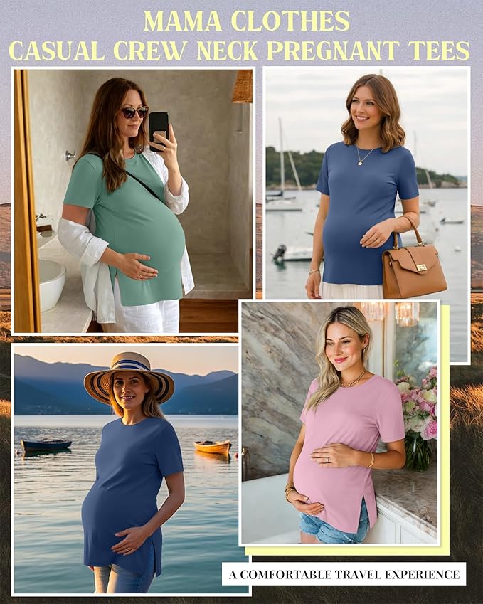 Ficerd 3 Pack Women's Maternity T Shirts, Short Sleeve Side Split Pregnancy Tops Casual Crew Neck Pregnant Tees Mama Clothes