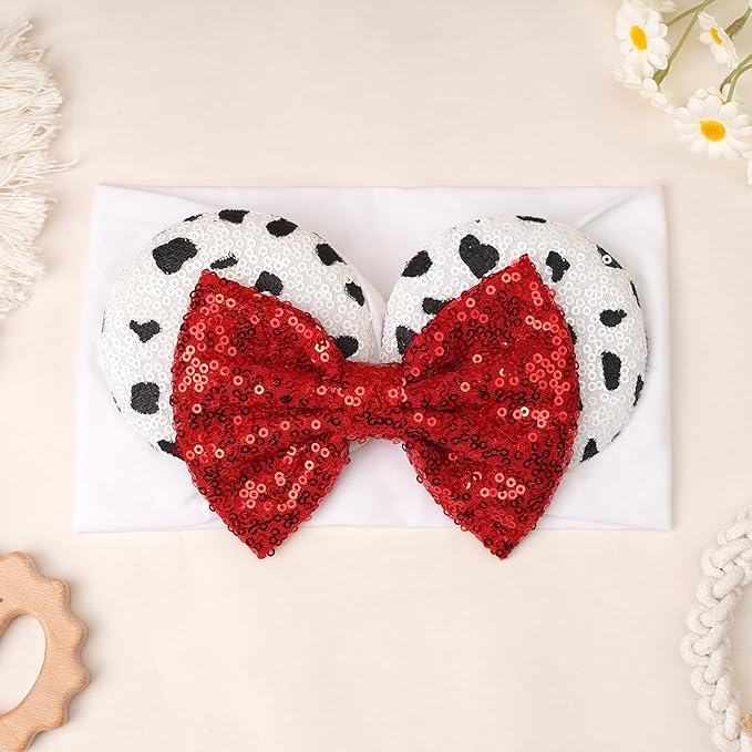 1PC Mouse Ears Nylon Headband Baby Girl Headwrap, Toddler Kids Party Halloween Christamas supplies (Red Bow White Spot)