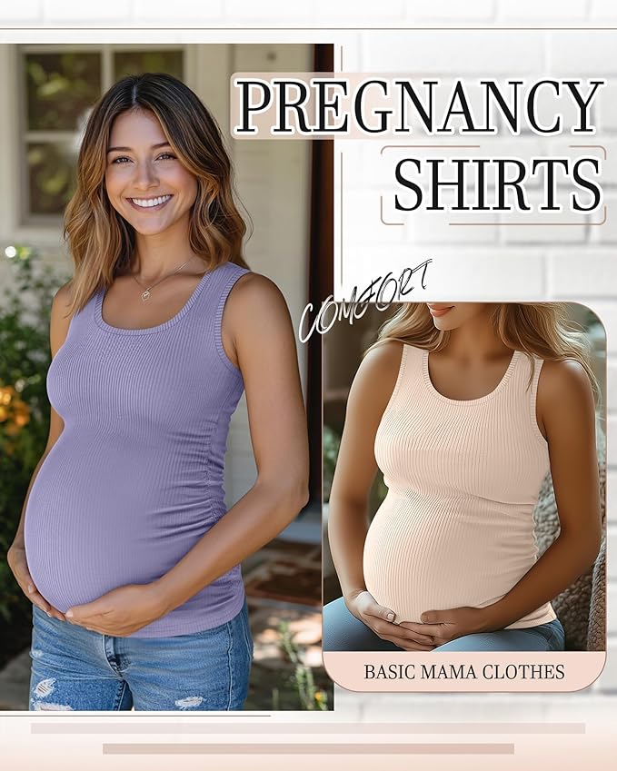 Riyiper 3 Pack Women's Maternity Tank Tops, Sleeveless Cotton Pregnancy Shirts Ribbed Knit Sides Ruched Basic Mama Clothes