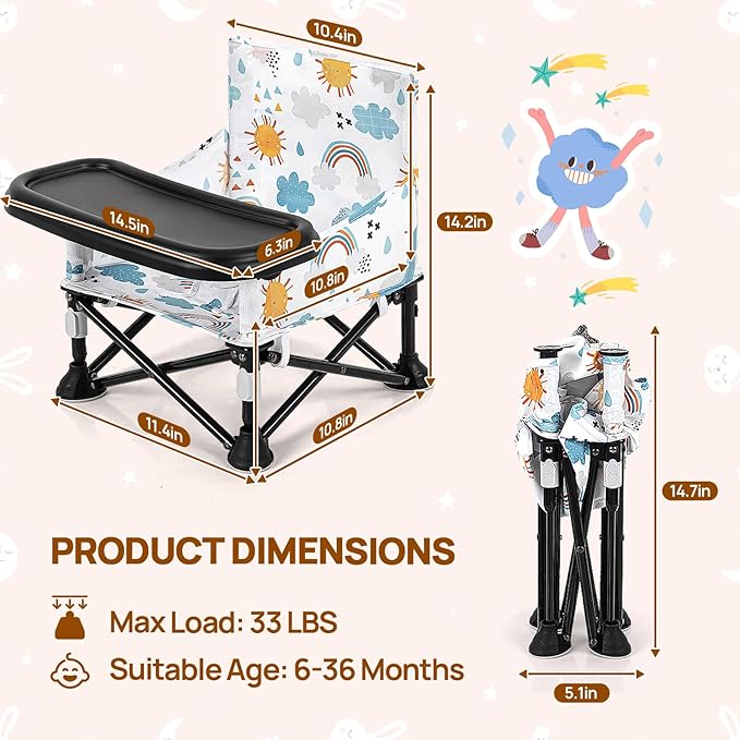 Toddler Booster Seat for Kitchen Chair & Travel - Portable Foldable with Removable Tray, Baby Camping Chair 6-36 Months Indoor Outdoor (White Cloud Design)