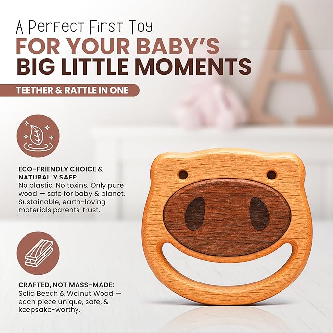 HippoToys Wooden Baby Rattle for 0 to 12 Months | No Paint, No Plastic, No Toxins | Montessori Inspired Natural Baby Toy | Calm Muted Sound | 100 Percent Natural Beechwood | Ideal for Baby Gifting