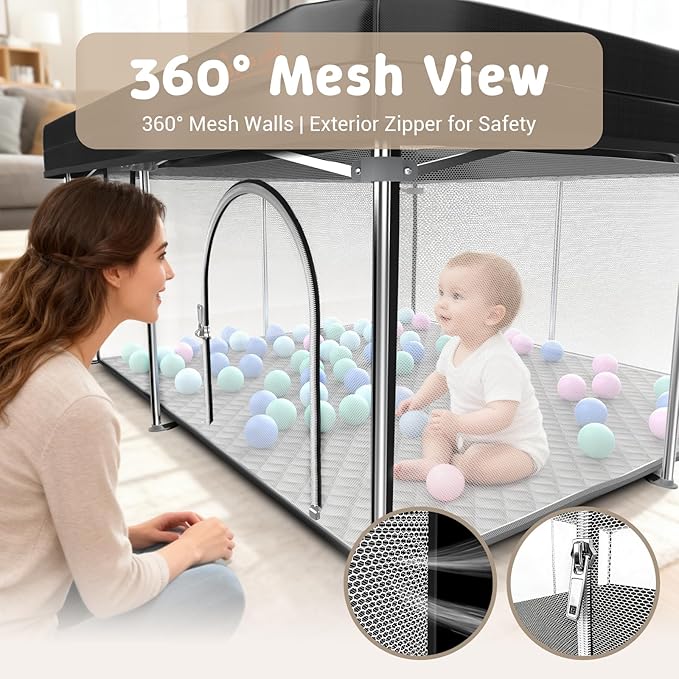 Foldable 50x50 Playpen, Portable Baby Playpen for Babies & Toddlers, Quick Fold Safety Play Yard with Balls, Pull Rings & Carry Bag, Indoor & Outdoor, Black