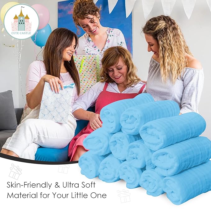 Cute Castle 12 Pack Muslin Baby Washcloths - Large 12'' by 12'' - Ultra Soft 100% Cotton - Super Absorbent Burp Cloths for Unisex, Boy, Girl -Aquamarine