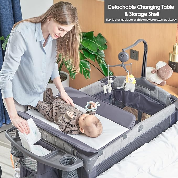 Baby Bedside Bassinet Sleeper,5-in-1 Pack and Play with Full-Size Bassinet,Baby Playard with Changing Table,Storage Shelf,Music Mobile with Soft Toys for Newborn to Toddlers (Grey)