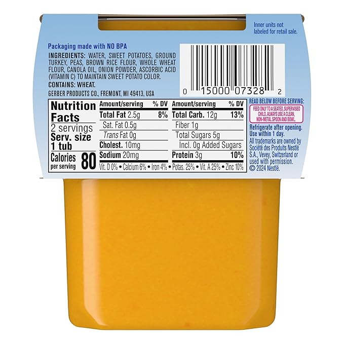 Gerber Stage 2 Baby Food, Turkey Rice Puree Tub, Nourishing Blends, No Added Colors or Flavors, Baby Puree, 2-Pack